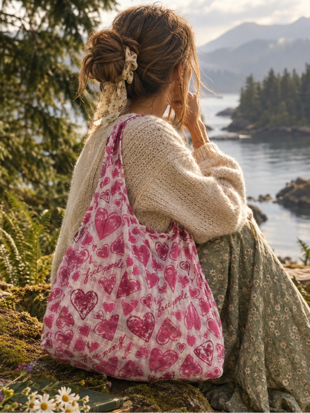RARE Free People Valentines Pink Heart-Print Sheer Tote Bag